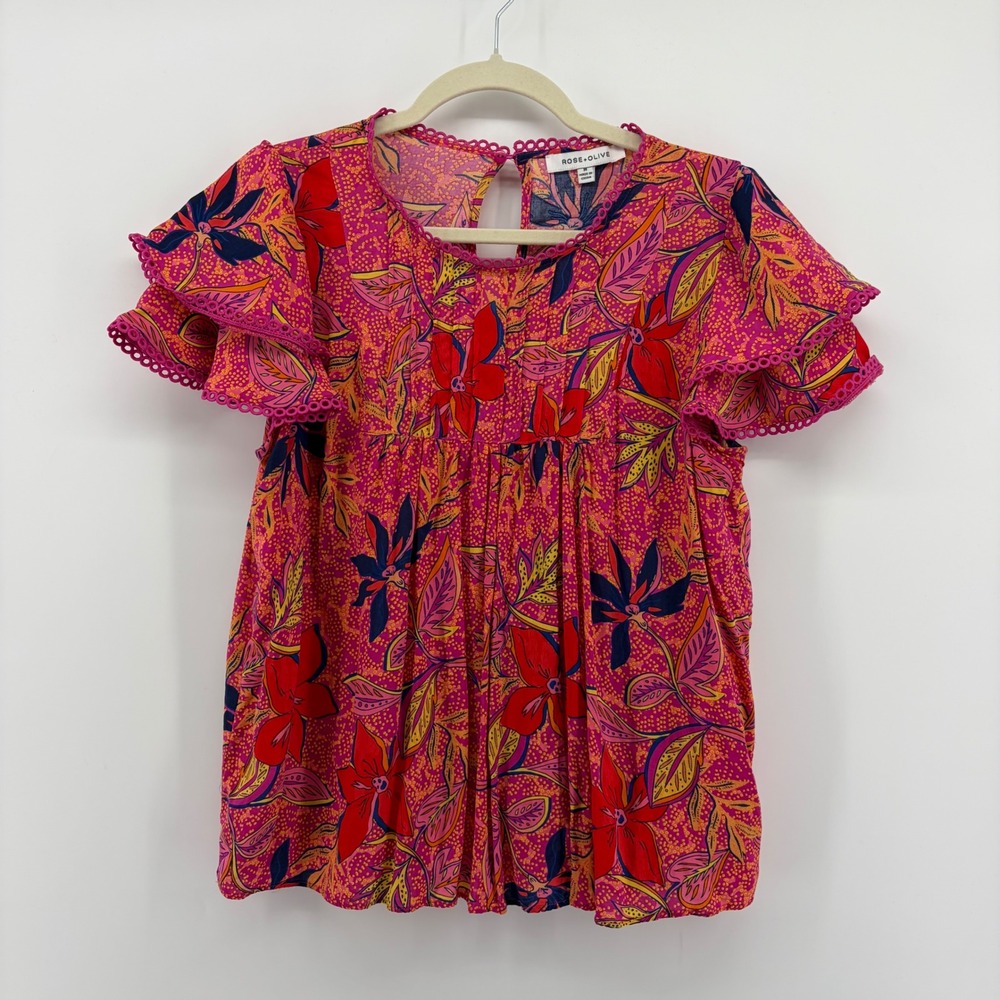 Rose +‎ Olive Multicolor Floral Ruffle Sleeve Keyhole Back Top Women's Medium